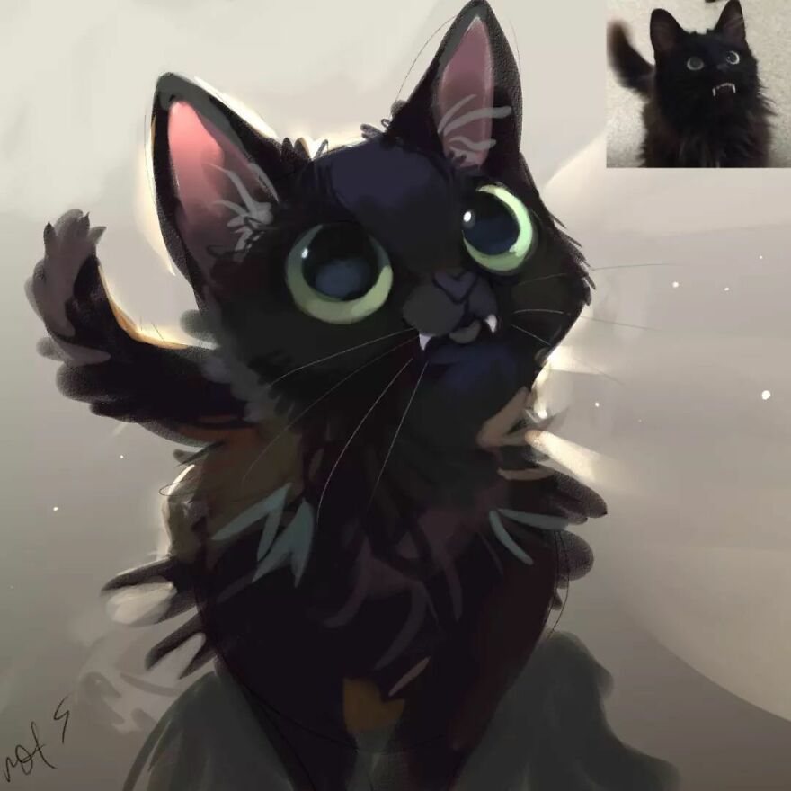 Adorable drawing of a black kitten with big eyes, inspired by a funny animal photo.
