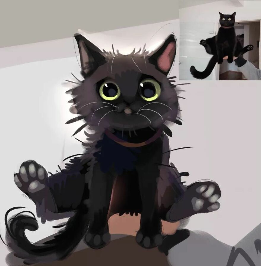 Adorable animal drawing by Mr. Lucifer, featuring a fluffy black cat with bright green eyes in a cute pose.
