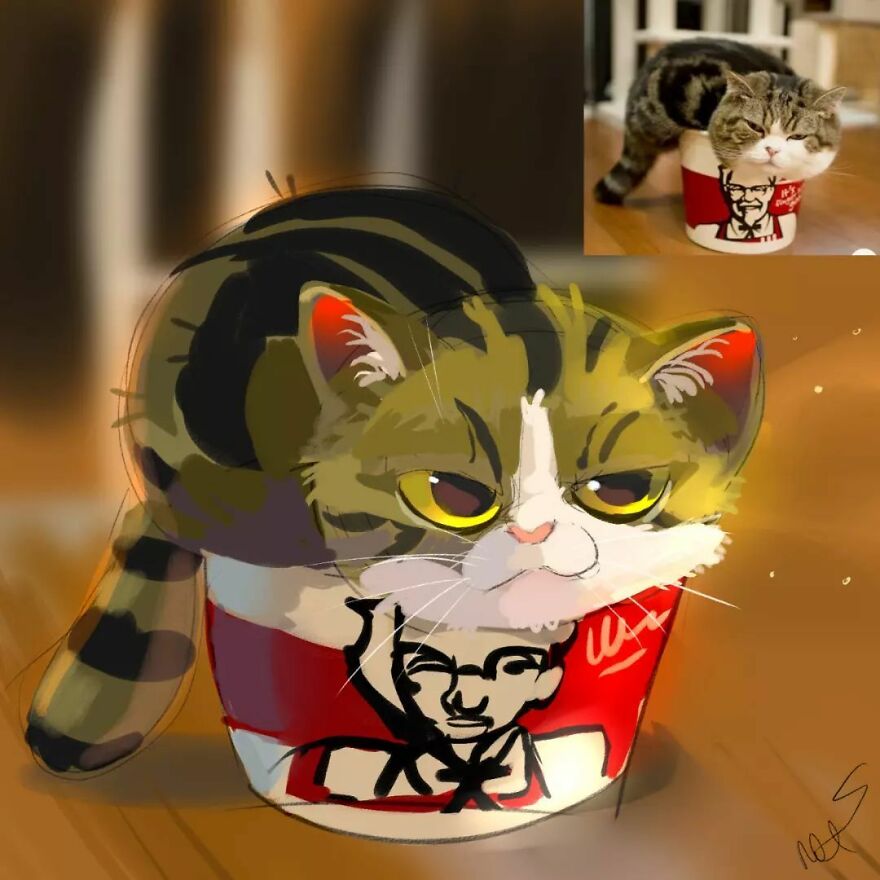 Adorable cartoon cat in a bucket, inspired by a funny animal photo.