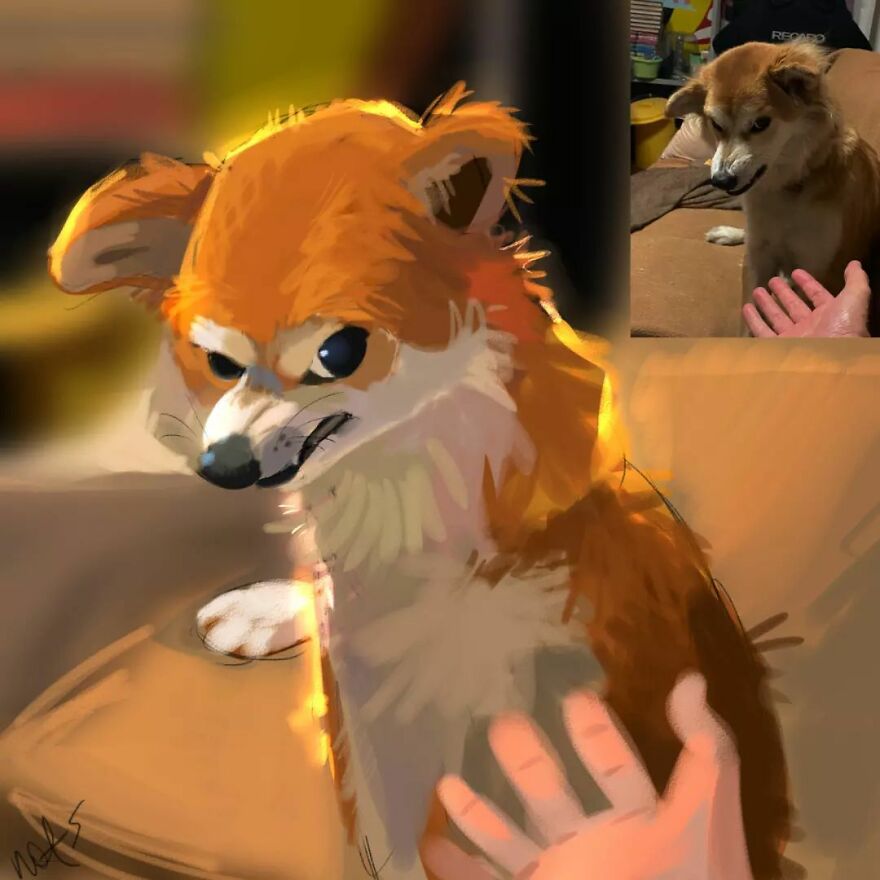 Adorable drawing of a funny animal based on a real dog, capturing its playful expression.