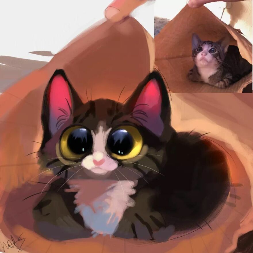 Adorable cat drawing by Mr. Lucifer, inspired by a funny animal photo of a kitten in a box.