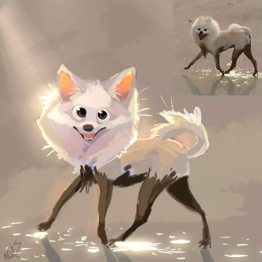 Adorable drawing of a funny animal posing, inspired by original pet photo.