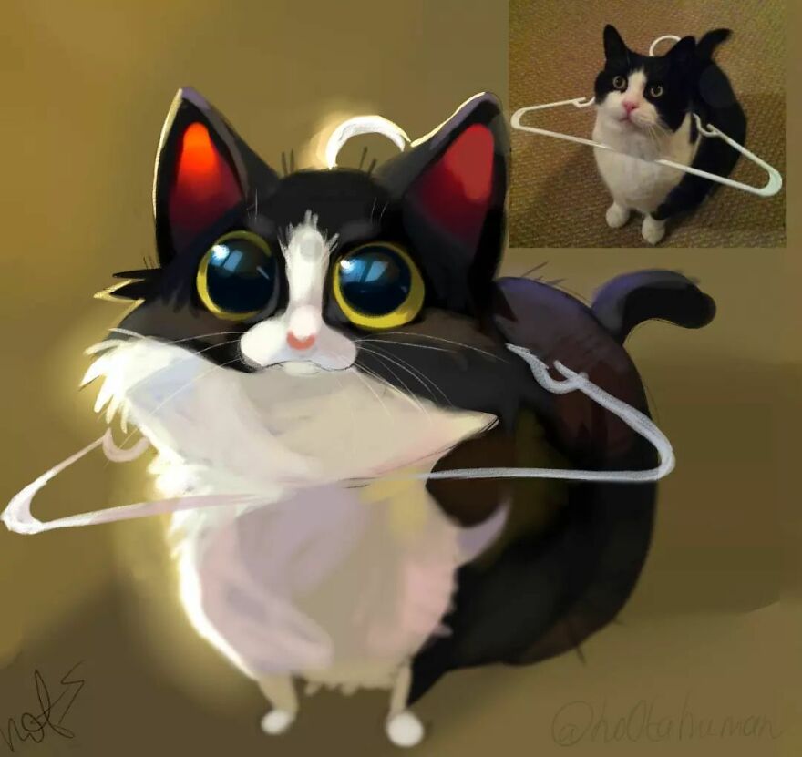 Adorable drawing of a cat with a hanger, inspired by a funny animal pic by artist Mr. Lucifer.