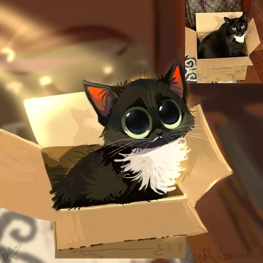 Funny animal pic transformed into an adorable drawing of a cat in a box, with large eyes and a fluffy chest.