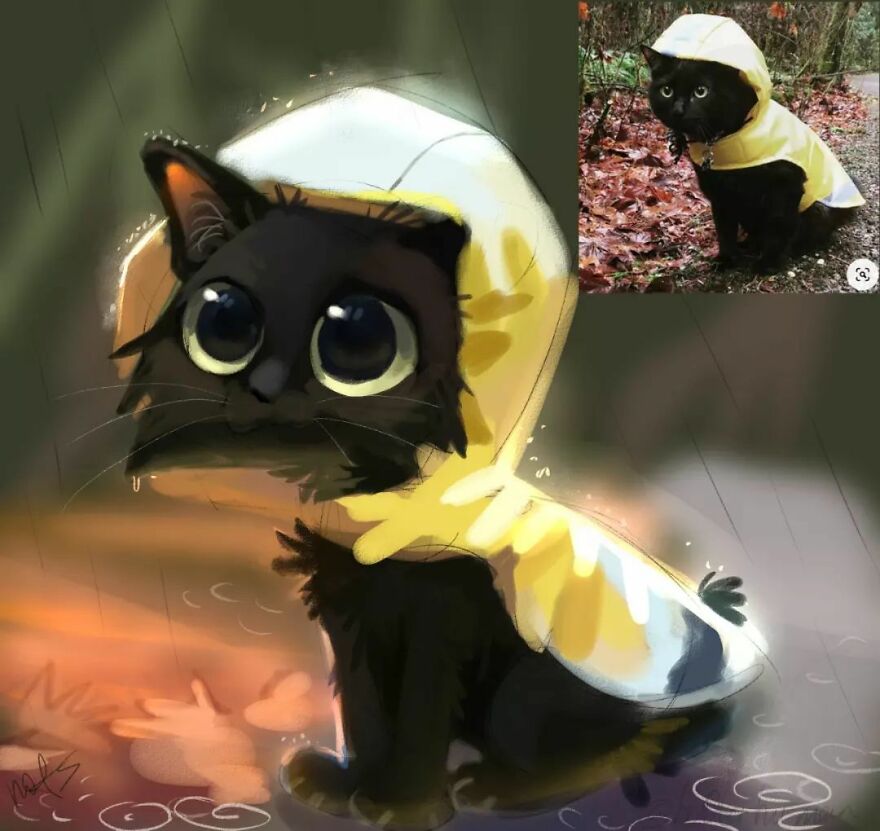 Adorable drawing of a cat in a yellow raincoat, based on a funny animal photo, by artist Mr. Lucifer.