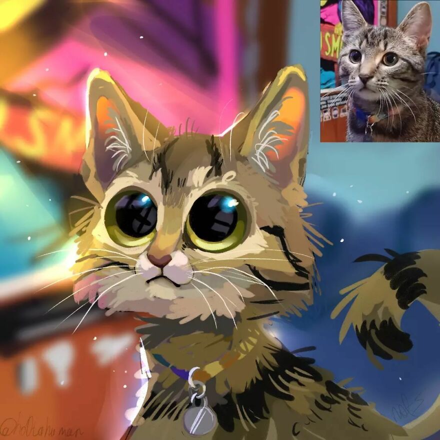 Adorable cat drawing with large eyes and playful expression, showcasing funny animal art.