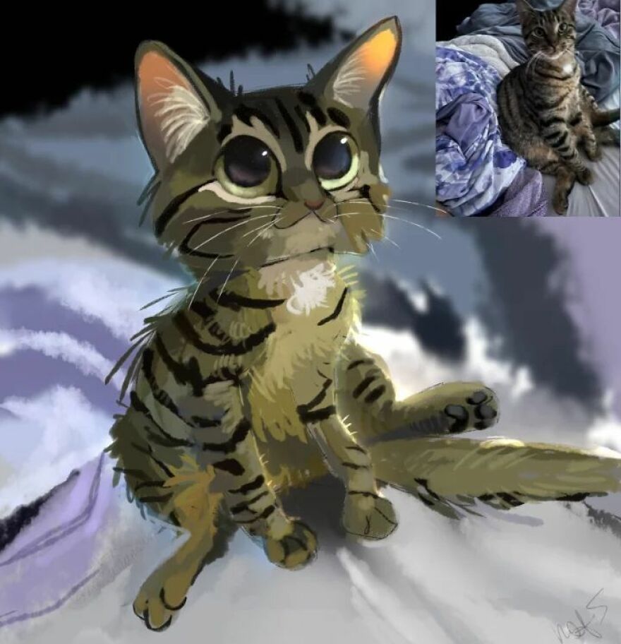 Adorable drawing of a funny animal, turning a tabby cat photo into a cute illustration.