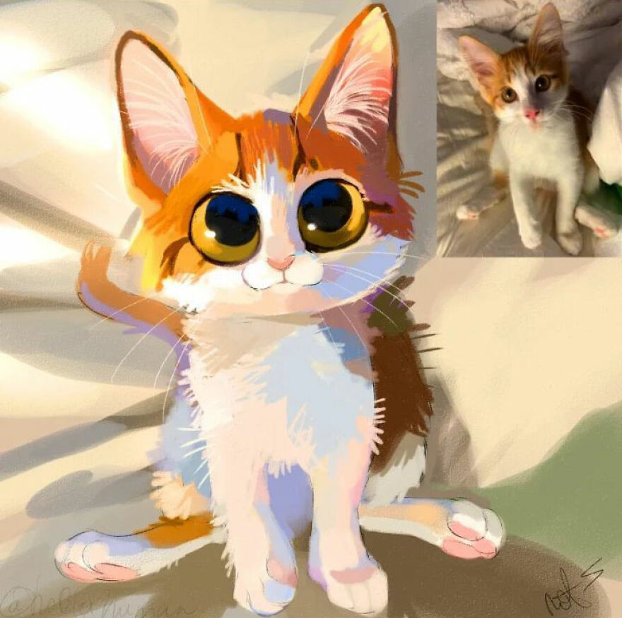 Adorable drawing of a kitten with big eyes next to a funny animal photo, by Mr. Lucifer.