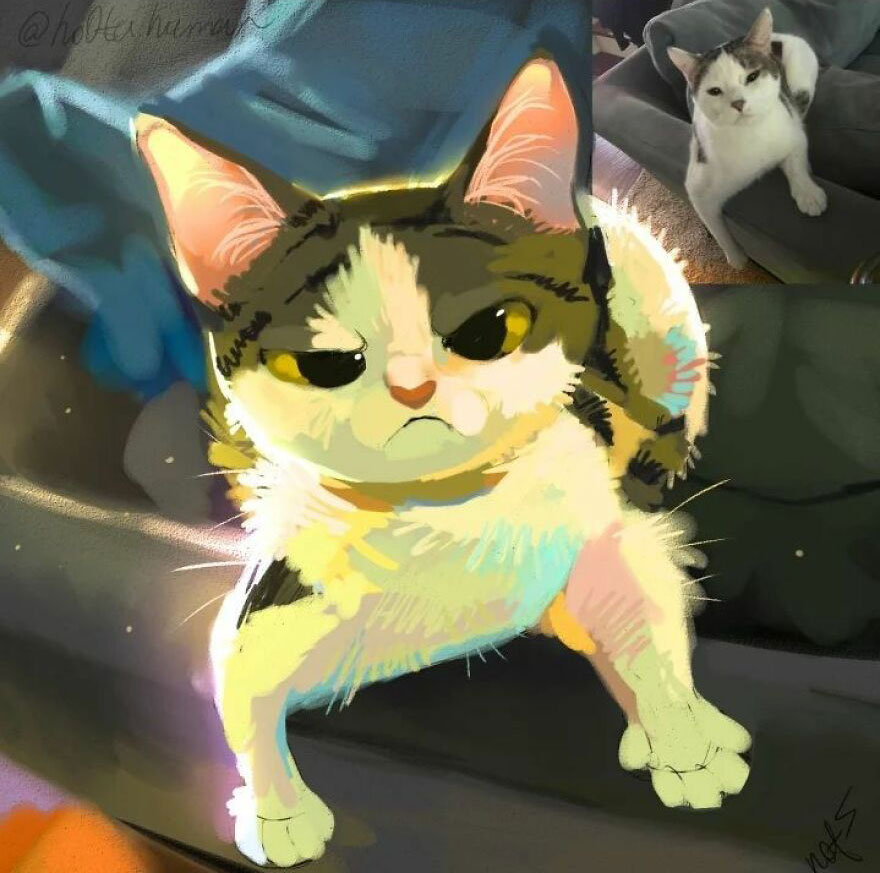 Adorable drawing of a grumpy cat inspired by a funny animal photo, created by Mr. Lucifer.