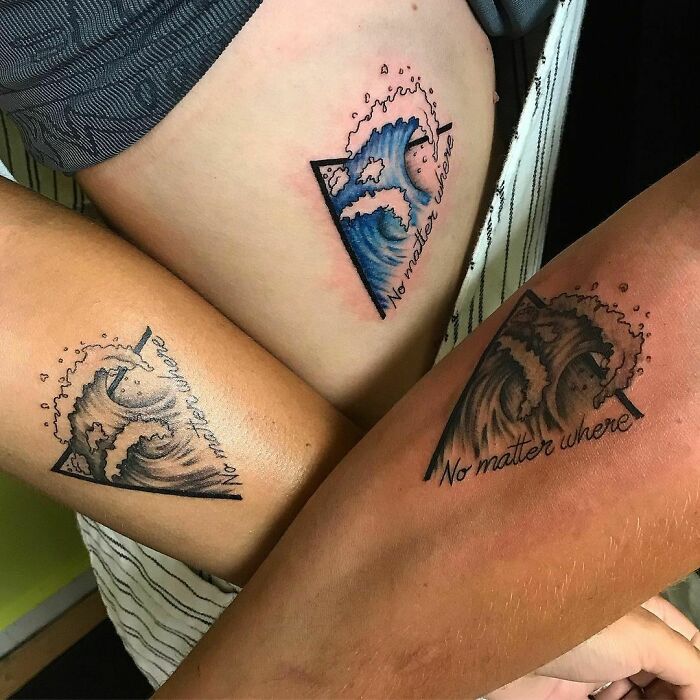 Three matching wave tattoos with the phrase "No matter where," symbolizing a brother and sister bond.