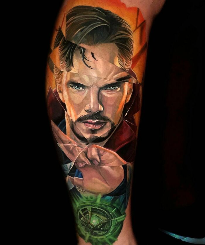 Tattoo of a Marvel character Doctor Strange, featuring vibrant colors and intricate details, on an arm.