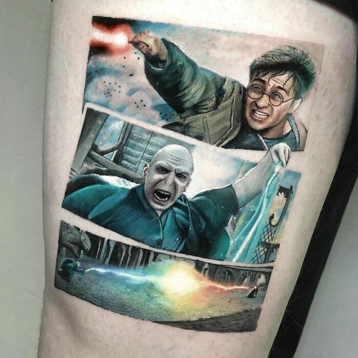 Harry Potter tattoo depicting a magical duel with colorful spell effects, detail-rich design for fans.