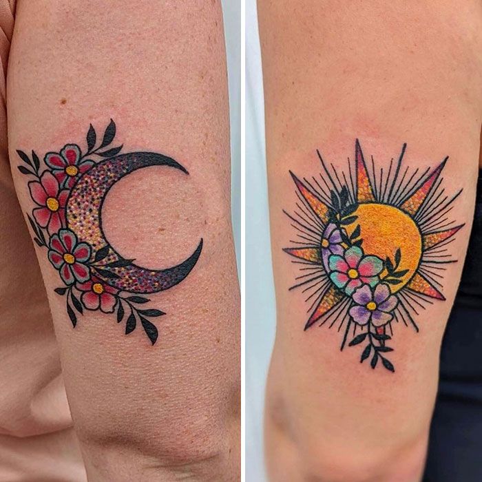 Moon and sun best friend tattoos with floral designs on arms.