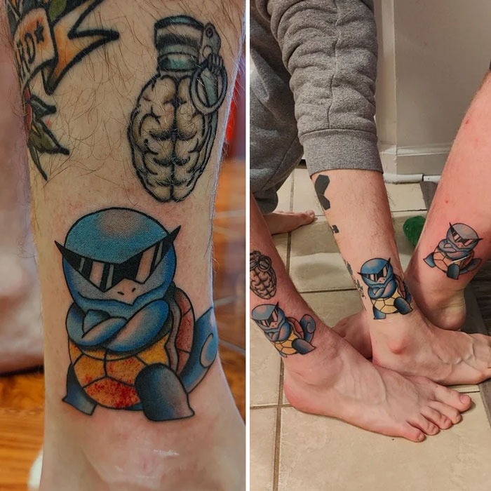Best friend tattoos featuring matching blue turtle designs on two people’s legs.