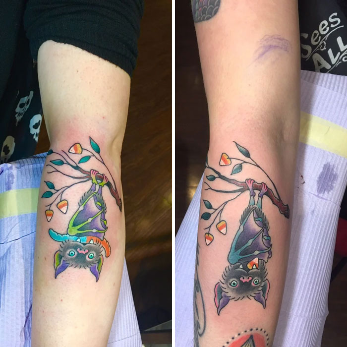 Colorful bat tattoos on friends' forearms, symbolizing friendship.