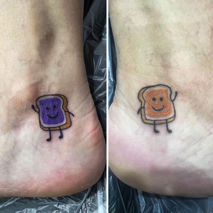 Best friend tattoos of smiling toast slices with peanut butter and jelly designs on ankles.