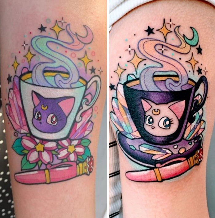 Cute matching friend tattoos featuring mystical cats in teacups surrounded by flowers and stars.