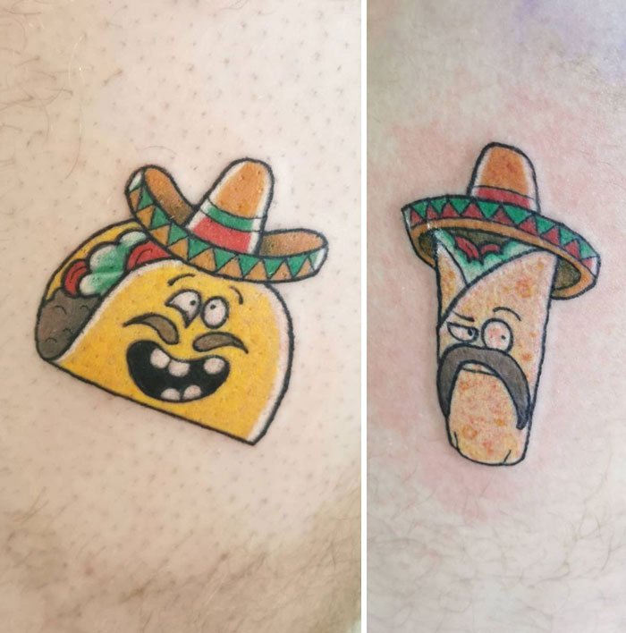 Funny taco and burrito best friend tattoos, each wearing a sombrero, symbolizing friendship.