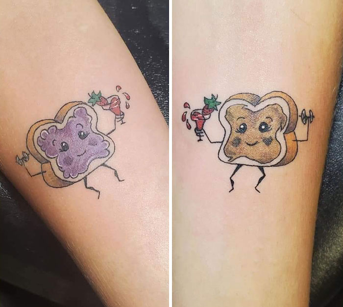 Cute BFF tattoo of a smiling peanut butter and jelly sandwich with drinks, symbolizing friendship.