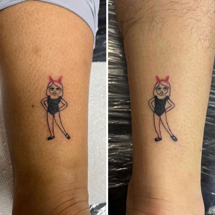 Matching BFF tattoos of a cartoon girl in a black outfit and pink bow on two legs.