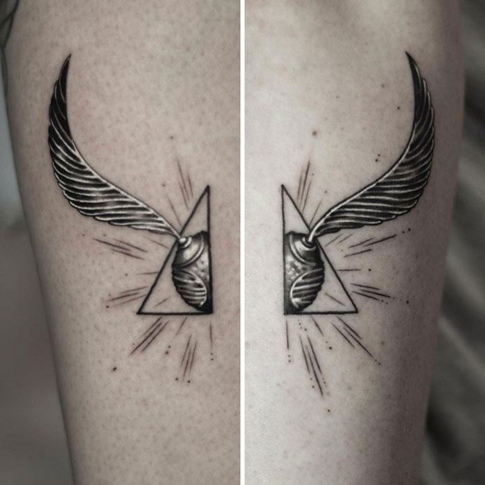 Matching best friend tattoos featuring triangles and wings, symbolizing everlasting friendship.