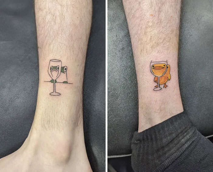 BFF tattoos of a bird and fish in glasses on ankles, symbolizing friendship and fun together.