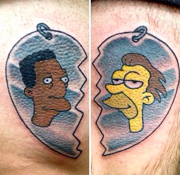Two matching BFF tattoos depicting cartoon characters on connected puzzle piece designs.