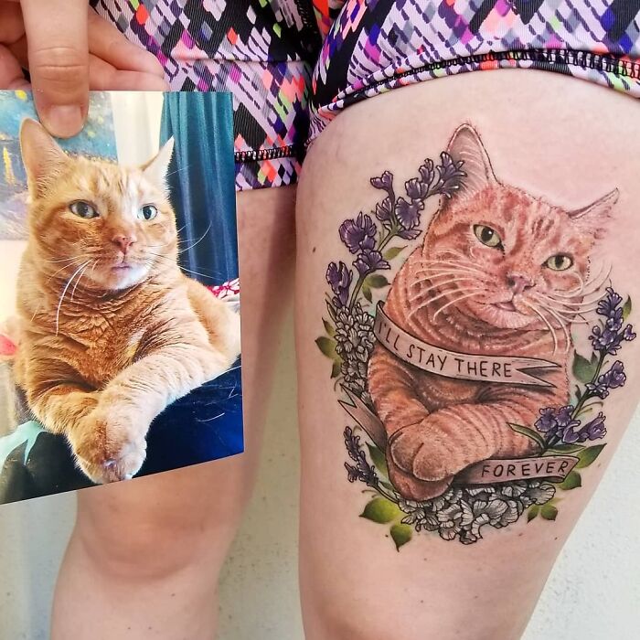 Tattoo of a ginger cat with flowers, celebrating a furry friend, on a person's thigh next to a photo of the cat.