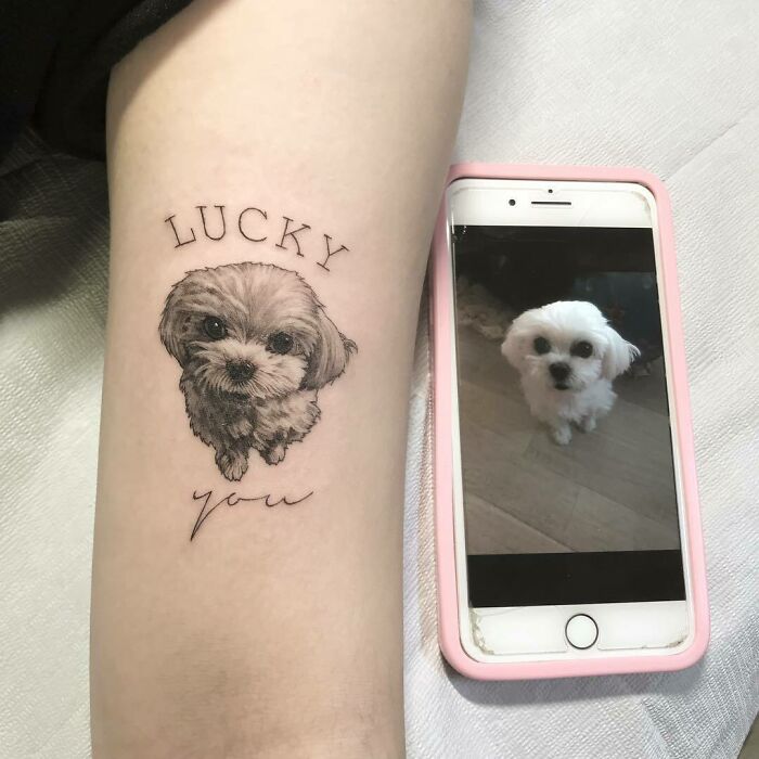 Tattoo of a small dog with "Lucky" inscription beside a phone displaying the dog's photo.