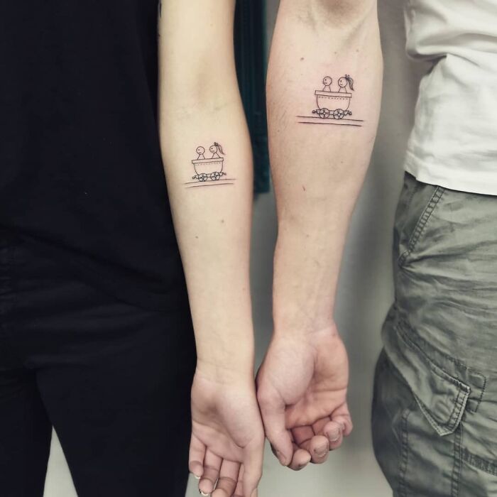 Brother and sister tattoos with paired minimalist designs on forearms, symbolizing togetherness.