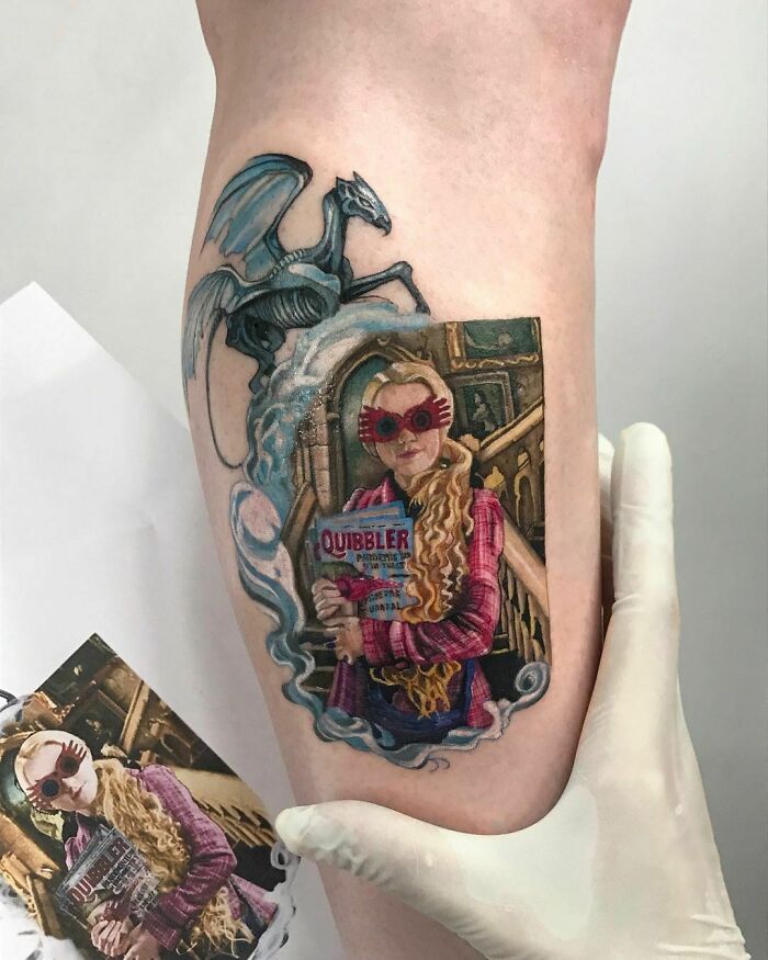 Tattoo of Luna Lovegood with Quibbler magazine and a Thestral, inspired by Harry Potter.