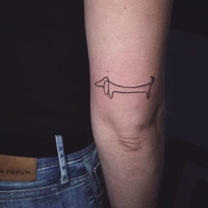 Single-line tattoo of a dachshund on a person's arm, showcasing minimalist design and creativity.