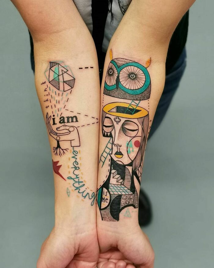 Unique abstract word tattoos on forearms, featuring artistic designs and vibrant colors.