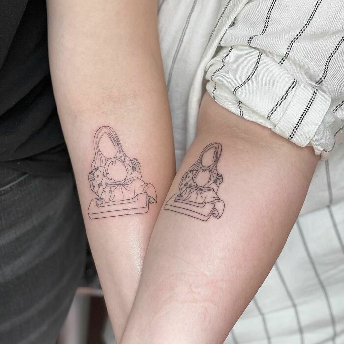 Matching brother and sister tattoos on forearms featuring a simple outline of two seated figures.