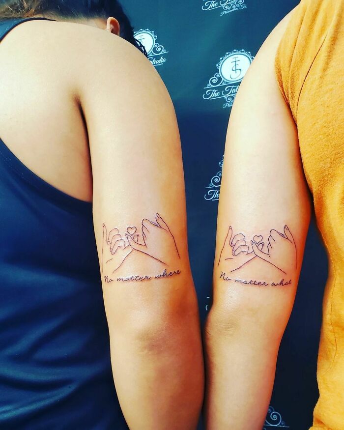 Sibling tattoos with linked pinky design and heartfelt quotes on arms.