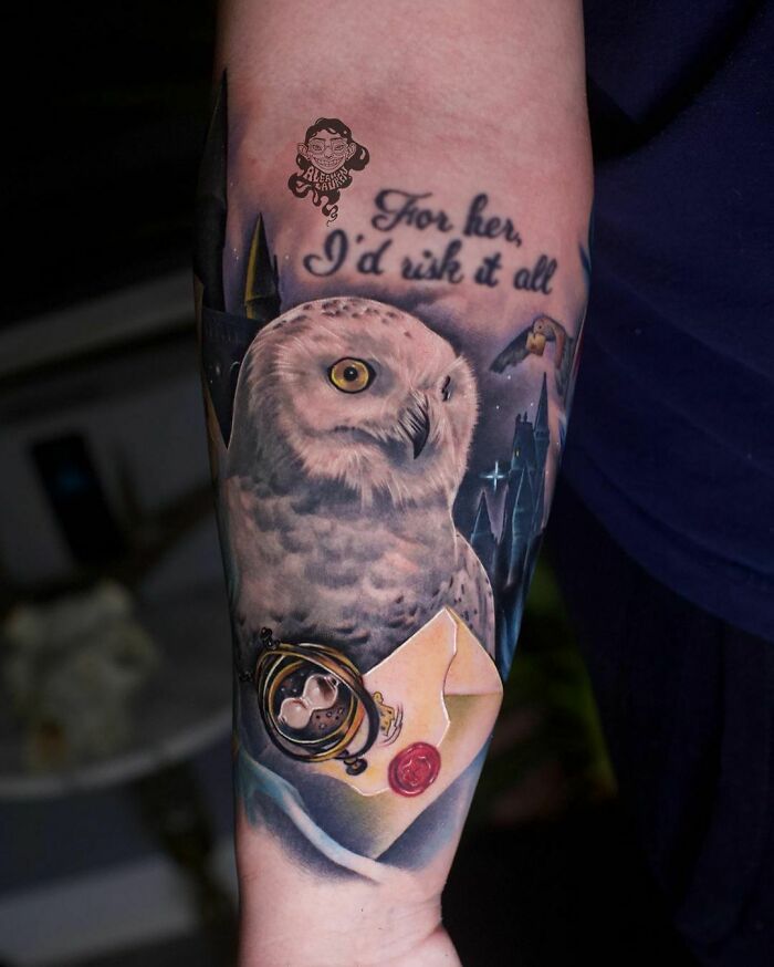Harry Potter tattoo featuring Hedwig, Hogwarts, a Time Turner, a letter, and quote.
