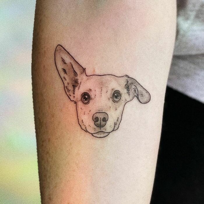 Tattoo of a pet dog's face on a person's arm, symbolizing the bond between humans and their pets.