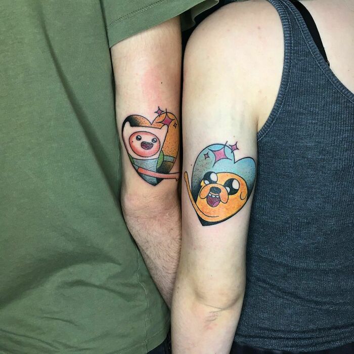 BFF tattoo ideas on arms featuring colorful character designs with heart shapes.