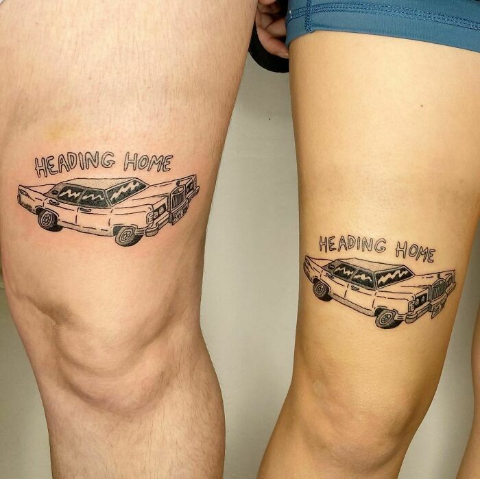 Matching BFF tattoos on legs with "Heading Home" text and car design.