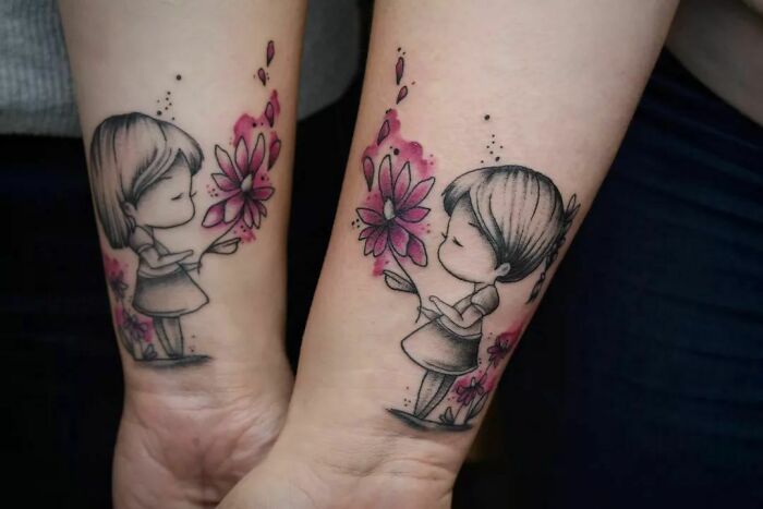 Brother and sister tattoos with matching designs of children holding flowers.