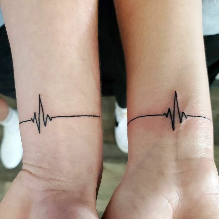 Brother and sister heartbeat tattoos on wrists, symbolizing an inseparable bond.
