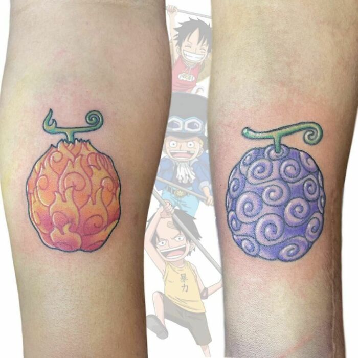 Matching brother and sister tattoos featuring iconic fruit designs from a popular anime.