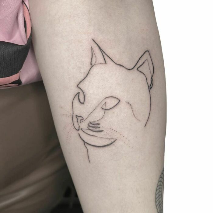 Minimalist line tattoo of a cat on a forearm, showcasing a unique design for tattoo enthusiasts.