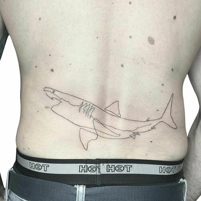 Minimalist line tattoo of a shark on a person's lower back, showcasing unique line tattoo artistry for minimalism enthusiasts.
