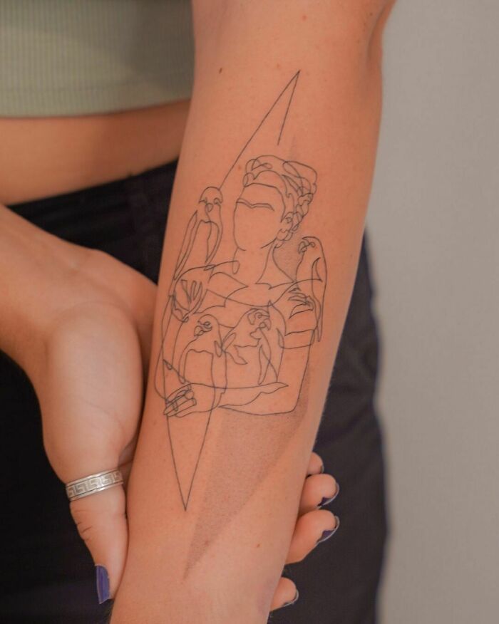 Single-line tattoo of a figure with birds on forearm, showcasing minimalist art style.