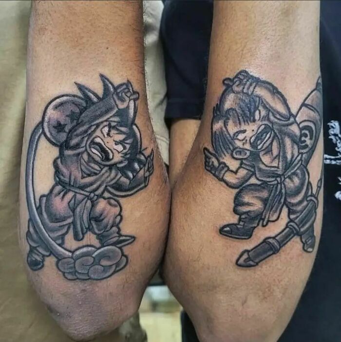 Brother and sister tattoos featuring anime characters on forearms, symbolizing their inseparable bond.