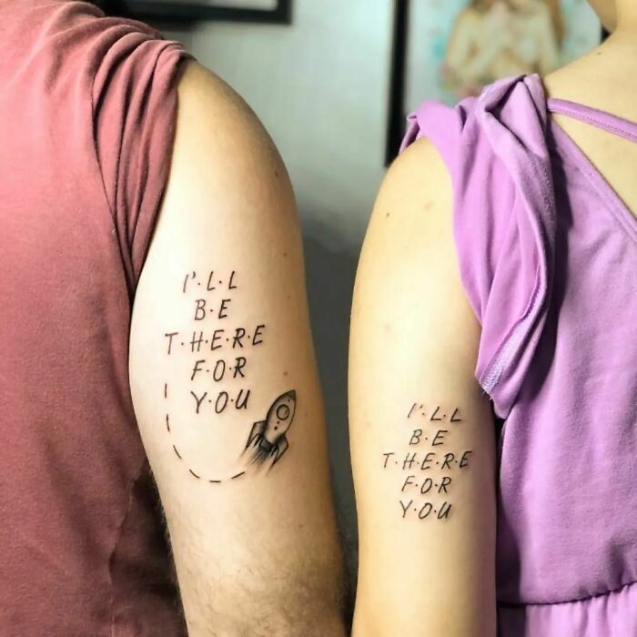 Brother and sister tattoos saying "I'll be there for you" with minimalist rocket design.