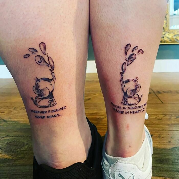 Small simple brother and sister tattoos of elephants with the phrase "Together forever never apart."