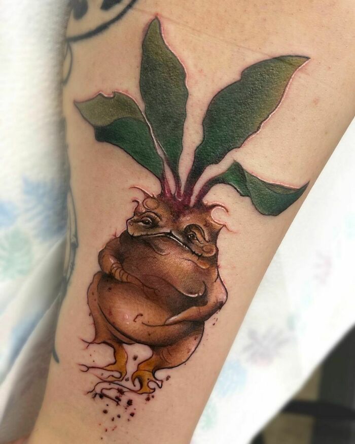 Mandrake tattoo on forearm, vibrant colors and intricate details, showcasing a Harry Potter themed design.