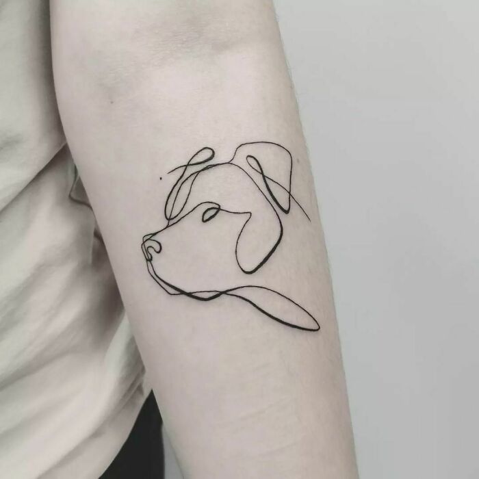 Minimalist line tattoo of a dog's face on an arm.